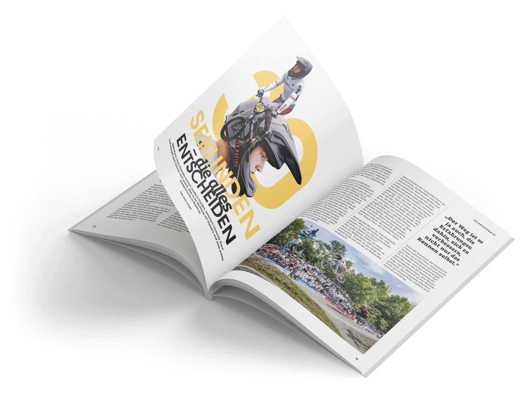 Aufgeschlagenes Magazin mit Artikel „30 Sekunden – die alles entscheiden“ über den BMX-Racer Louis Romeyke.