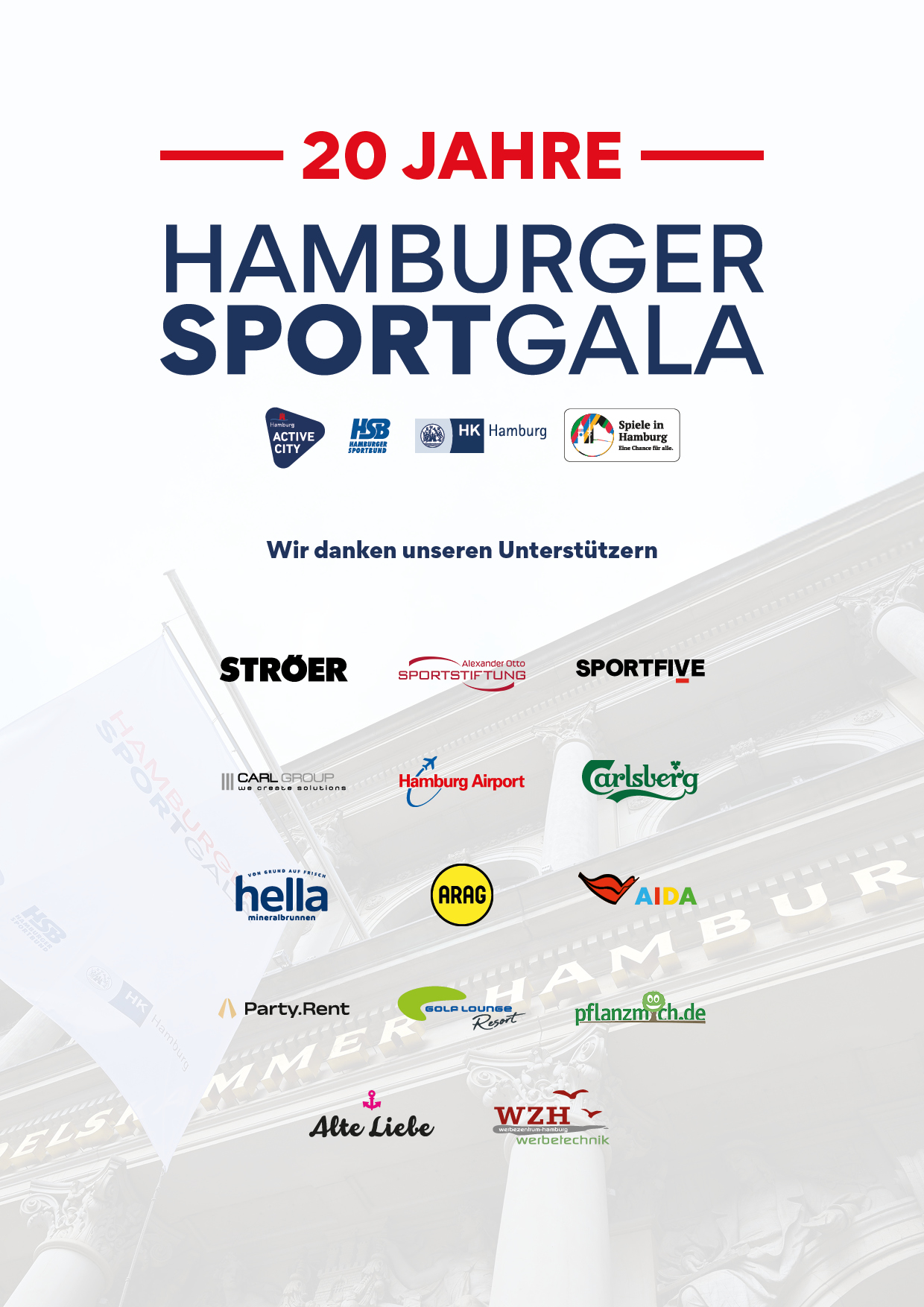 Hamburger Handelskammer mit Fahne der Hamburger Sportgala und Partnerlogos vor dem Gebäude