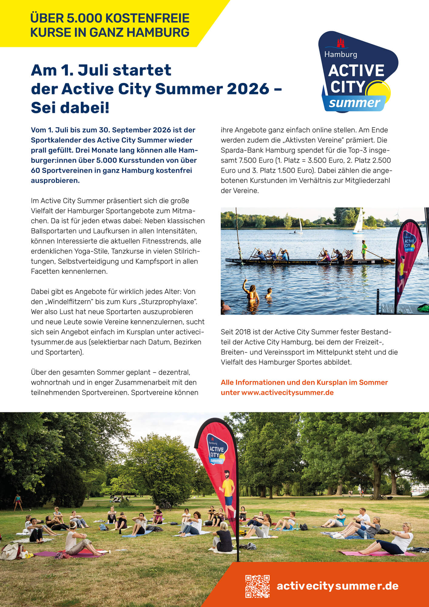 Ruderboot mit Team auf der Außenalster und Sportgruppe beim Yoga im Park – Active City Summer Hamburg