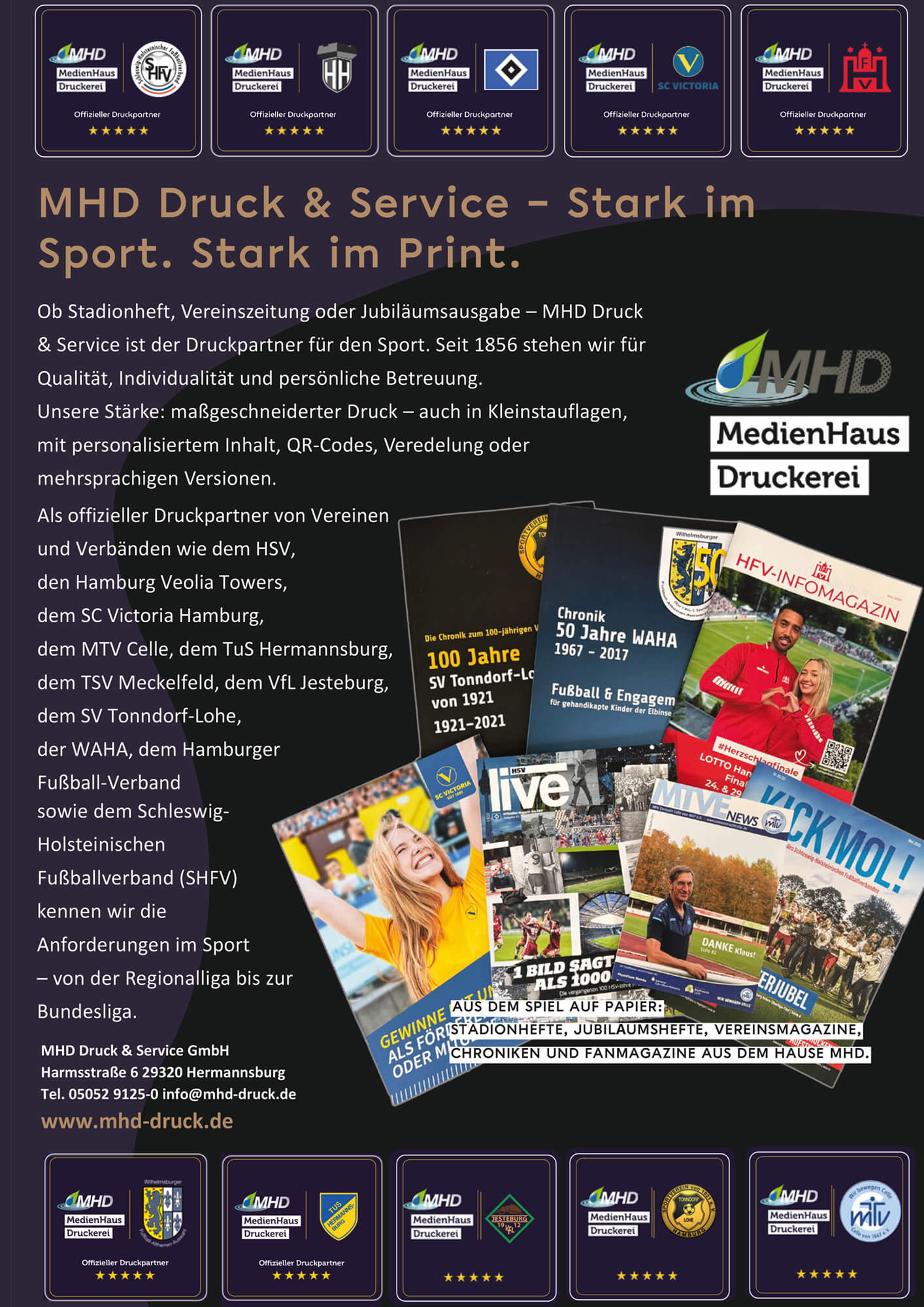 Aufgefächerte Sportmagazine mit MHD Druckerei Logo und Partnerlogos – Anzeige für Druckpartner im Sport