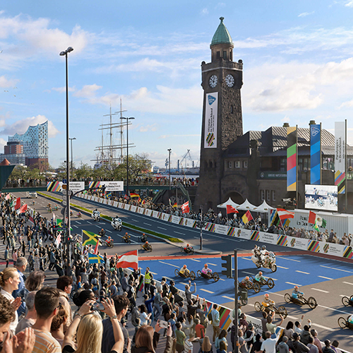 3D-Rendering der Olympischen Spiele in Hamburg an den Landungsbrücken mit Para-Radsportlern und Zuschauern