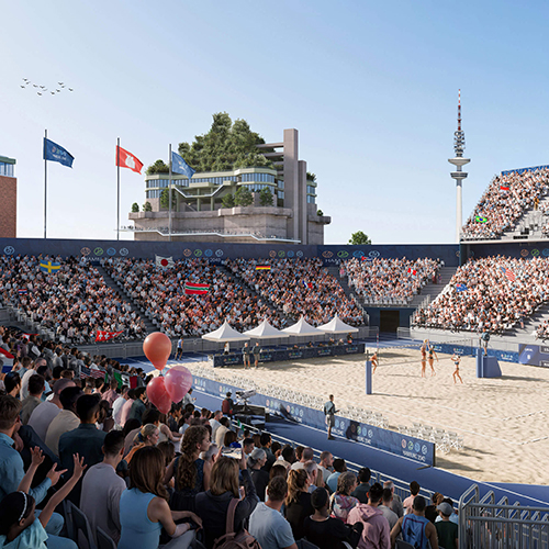 3D-Rendering eines Beachvolleyball-Stadions auf dem Heiligengeistfeld in Hamburg mit Blick auf Millerntor-Stadion, Grünen Bunker und Fernsehturm.