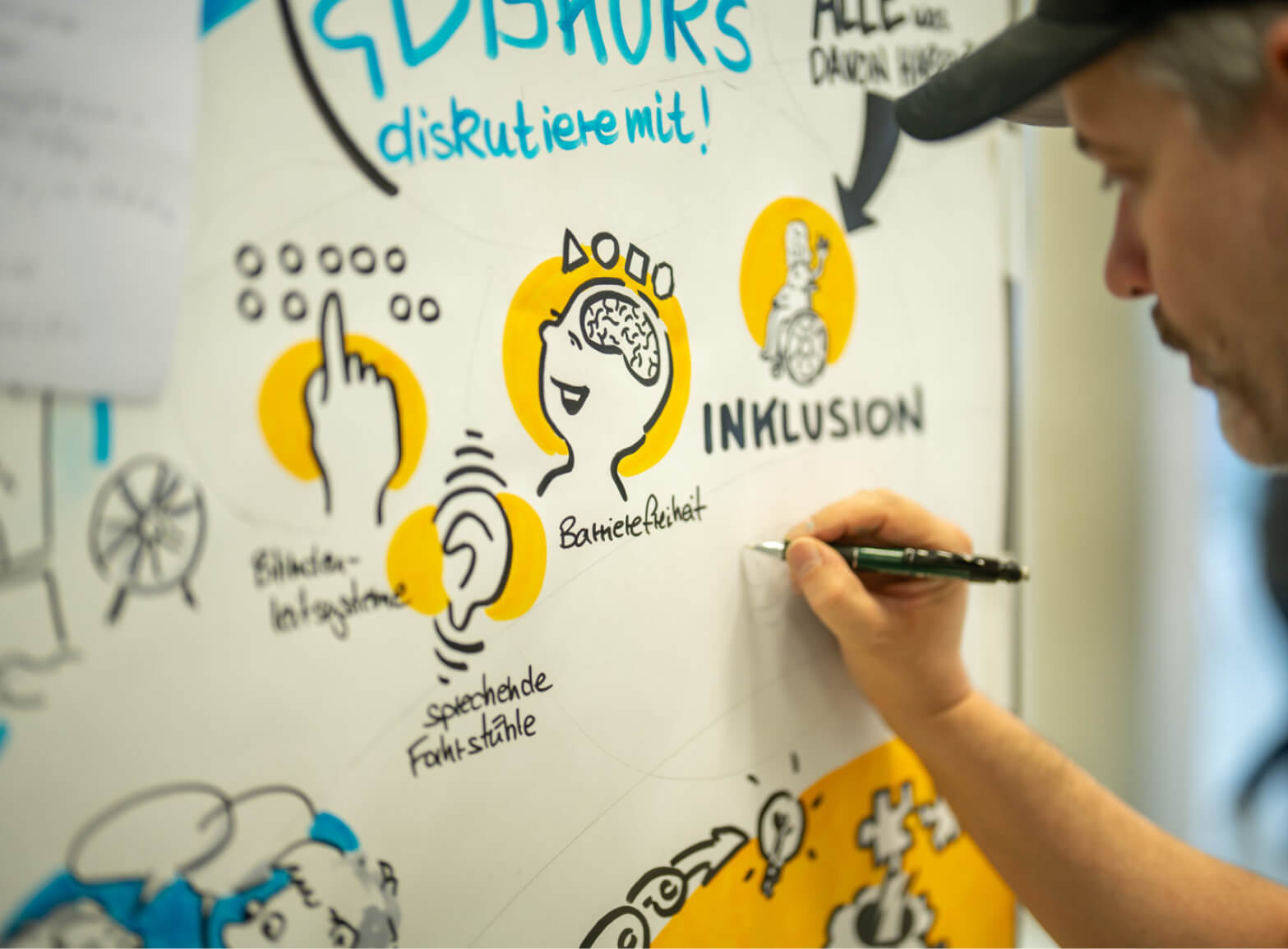 Whiteboard mit Ideen zum Olympia-Konzept Hamburg, Person schreibt Stichpunkte wie Barrierefreiheit und Mobilität