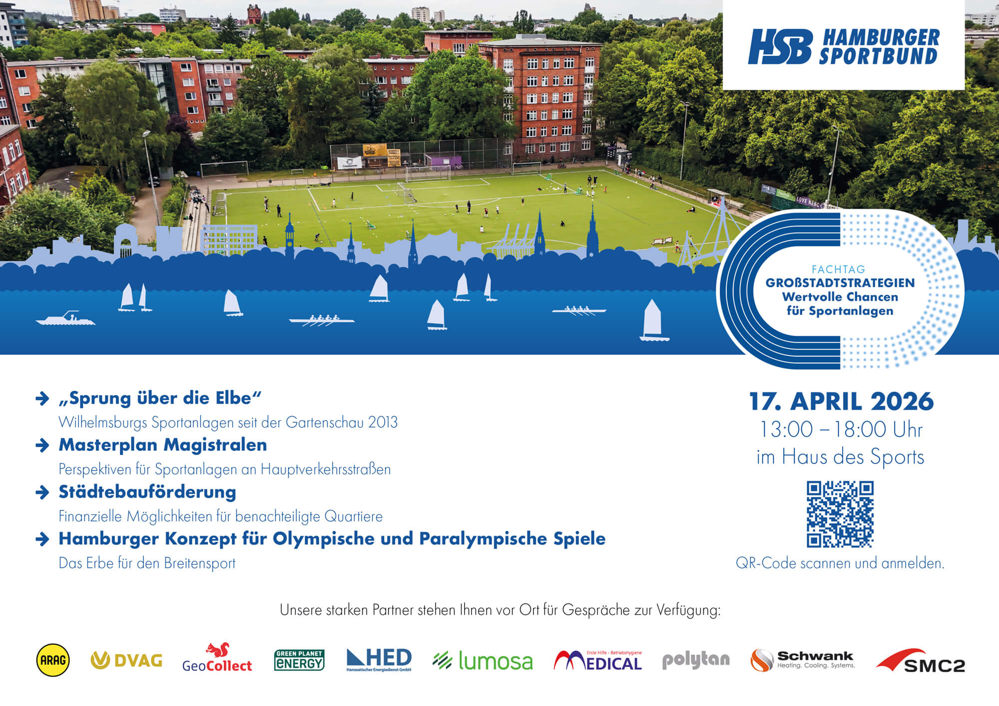 Fußballplatz zwischen Mehrfamilienhäusern mit Hamburg Skyline Illustration – Anzeige HSB Fachtag Großstadtstrategien 2026