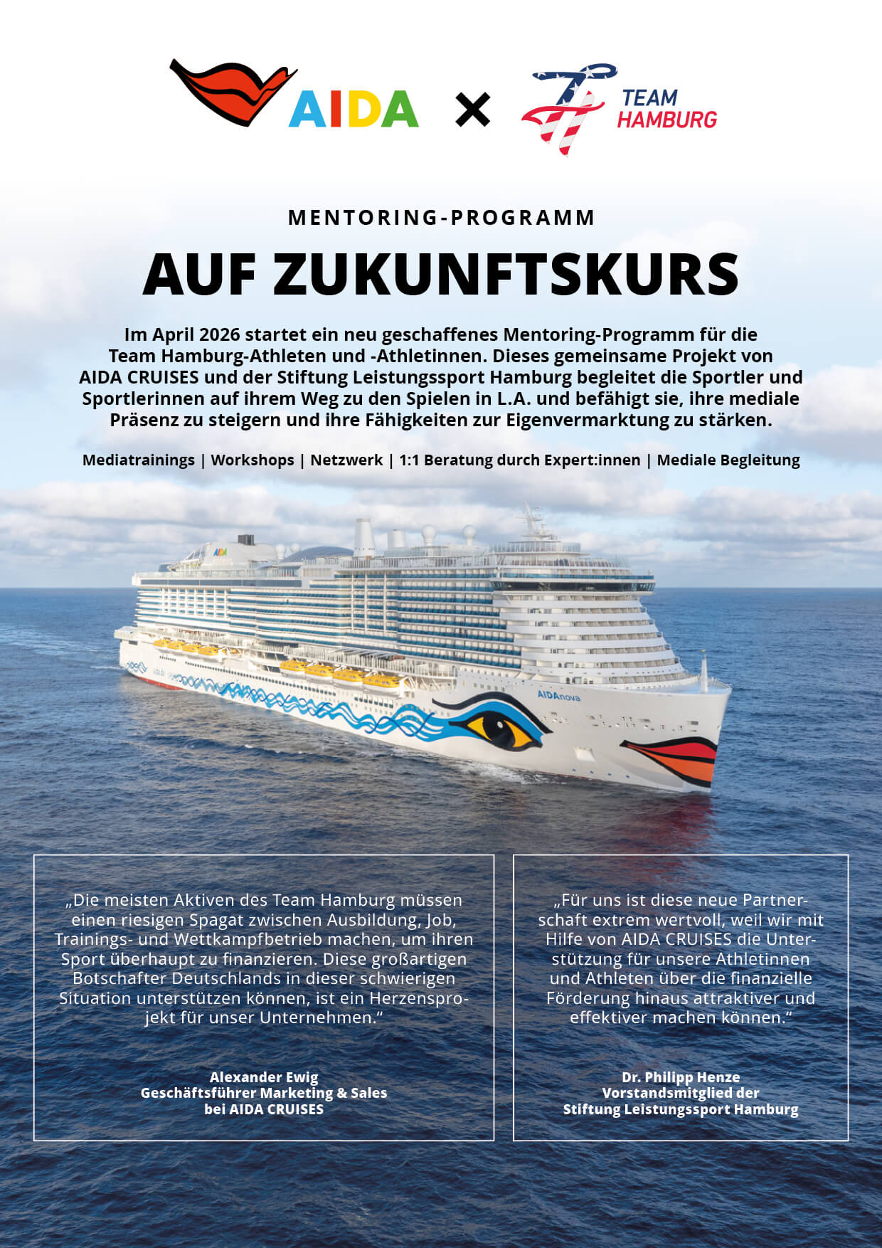 Kreuzfahrtschiff AIDAnova auf dem offenen Meer bei strahlendem Himmel – AIDA Mentoring-Programm für TEAM HAMBURG