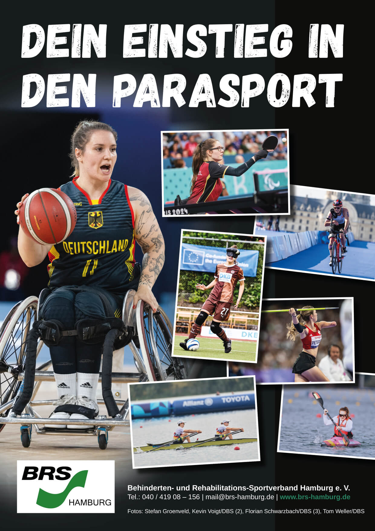 Rollstuhlbasketballerin Maya Lindholm im Deutschland-Trikot mit Collage Hamburger Para-Athletinnen und -Athleten in verschiedenen Sportarten