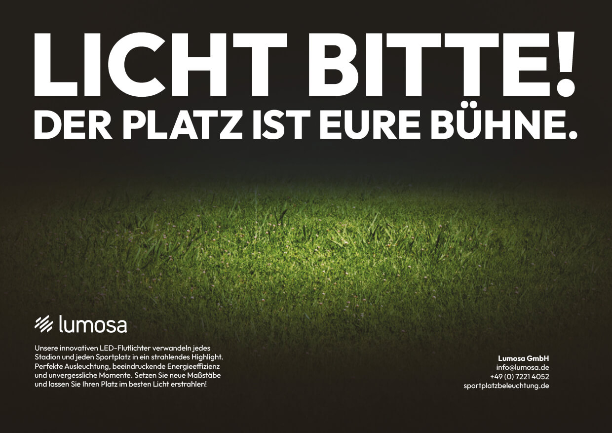 Werbeanzeige für LED-Sportplatzbeleuchtung mit Rasenhintergrund und Spotlight – Lumosa Flutlichtsysteme