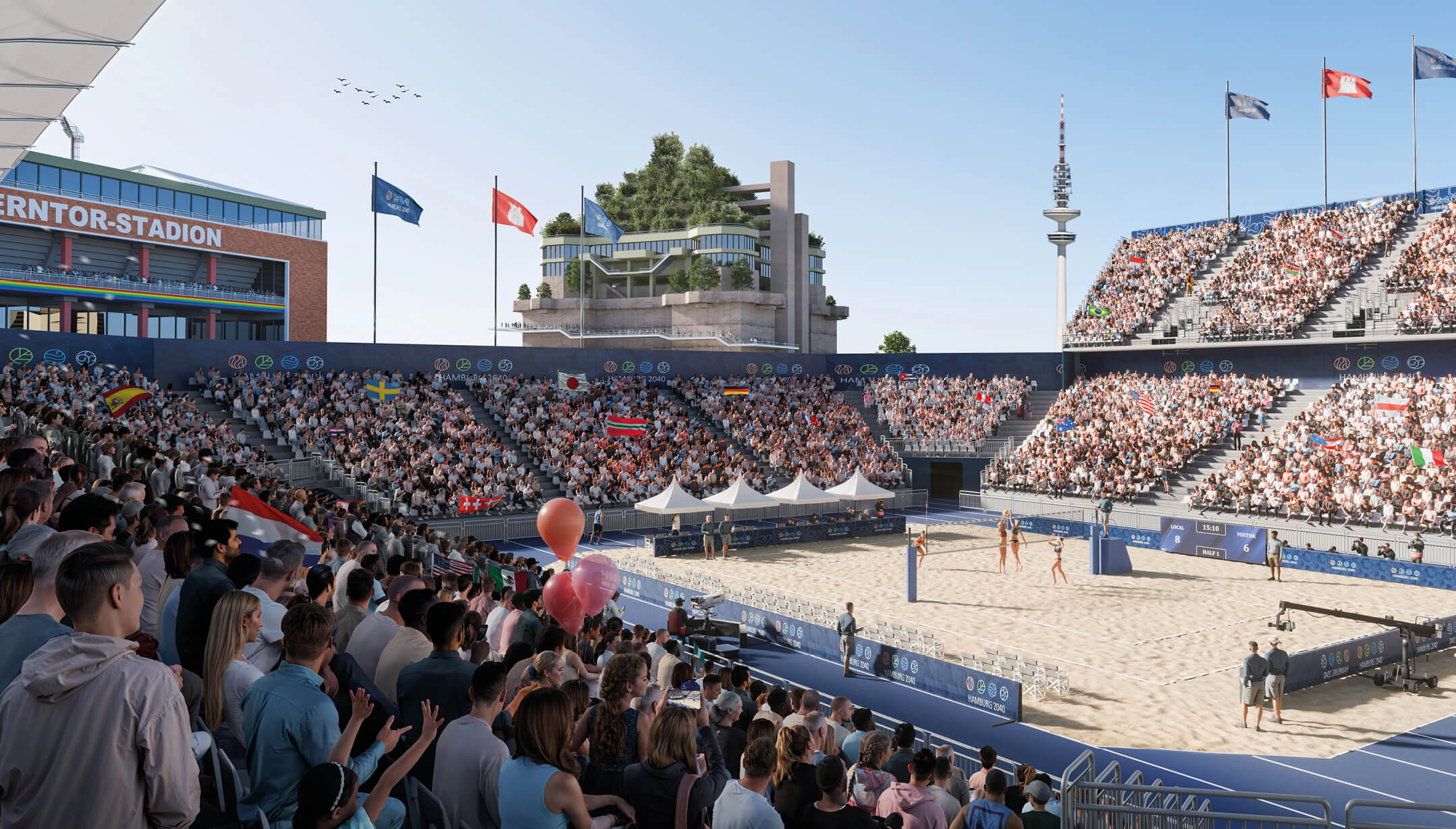 3D-Rendering eines Beachvolleyball-Stadions auf dem Heiligengeistfeld in Hamburg mit Blick auf Millerntor-Stadion, Grünen Bunker und Fernsehturm.