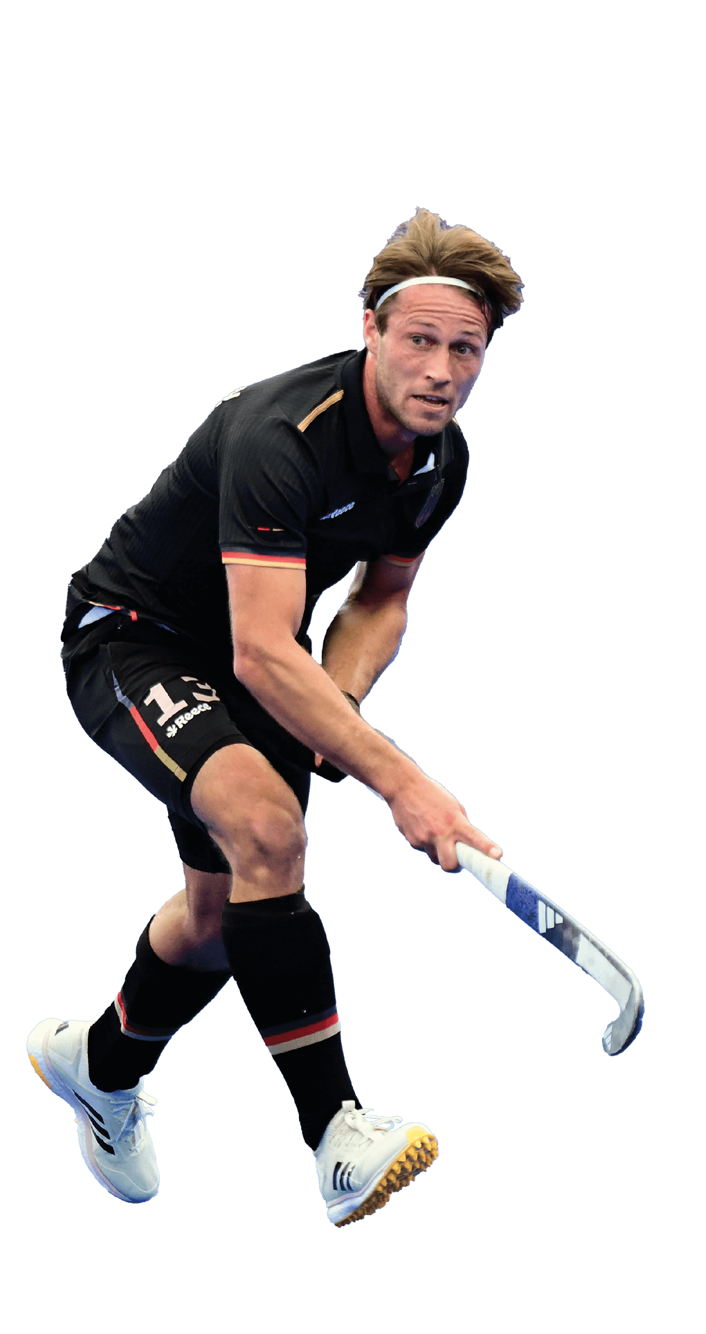 Paul Kaufmann im Deutschlandtrikot beim Hockeylauf mit Schläger – freigestelltes Actionbild
